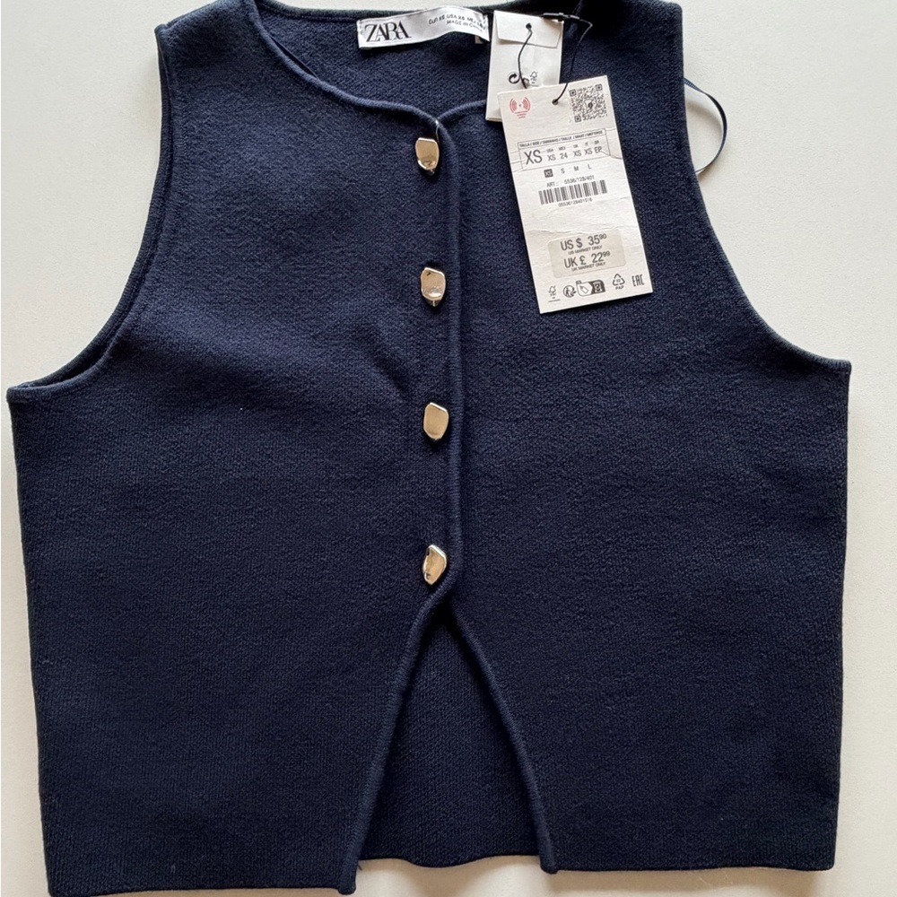 Zara Dark Blue Vest with Gold Buttons NWT